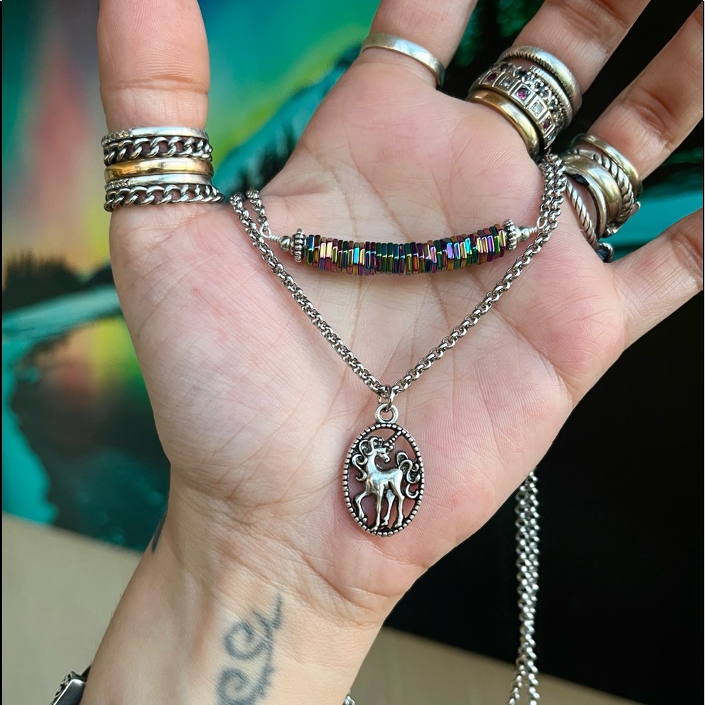 Double layer unicorn rainbow stones stainless steel adjustable choker necklace - Picture 10 of 14